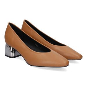 Zapatos estilo salón mujer camel tacón ancho metálico S-3383