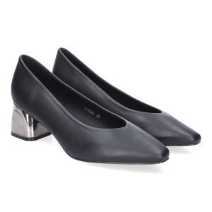 Zapatos estilo salón mujer negros tacón ancho metálico S-3383