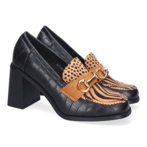 Mocasines con tacón mujer camel y negro cambrillón metálico FF-3347