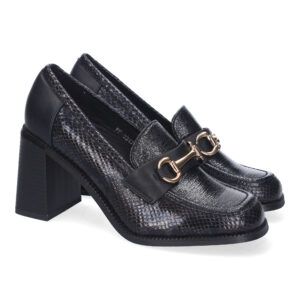 Mocasines con tacón mujer negros cambrillón metálico FF-3347