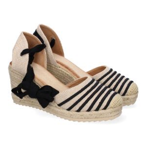 Sandalias de cuña mujer negras y beige cierre cordones 5Q82