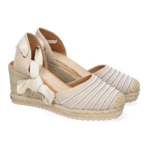Sandalias de cuña mujer plateadas y beige cierre cordones 5Q82