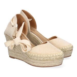 Sandalias de cuña alta mujer beige adorno en pala y cordones 7Q9