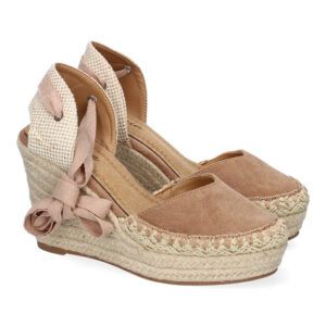 Sandalias de cuña alta mujer kaki adorno en pala y cordones 7Q9