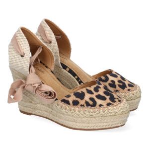 Sandalias de cuña alta mujer leopardo adorno en pala y cordones 7Q9