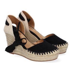 Sandalias de cuña alta mujer negras adorno en pala y cordones 7Q9