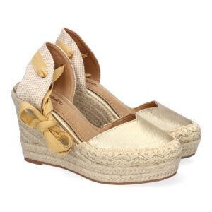 Sandalias de cuña alta mujer doradas adorno en pala y cordones 7Q9