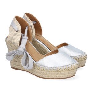 Sandalias de cuña alta mujer plateadas adorno en pala y cordones 7Q9