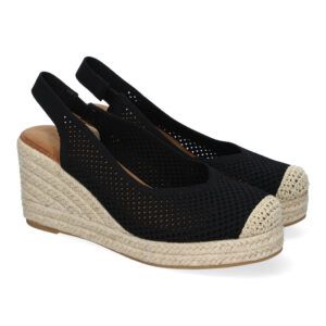 Sandalias de cuña mujer negras diseño calado y punta de rafia CF-3038