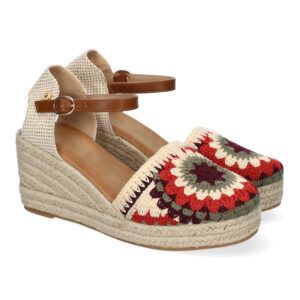Alpargatas de cuña mujer estilo valenciana pala bordada color rojo, beige y verde CF-5039