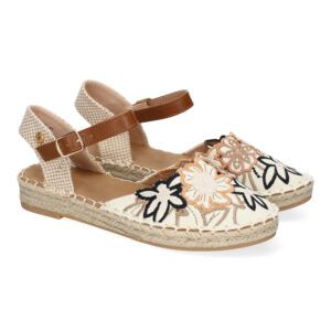 Sandalias planas mujer apricot y negro detalles de flores bordados en pala FB-3466