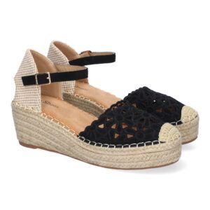 Sandalias de cuña mujer negras diseño pala floral y punta de rafia 5U1