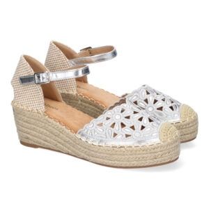 Sandalias de cuña mujer plateadas diseño pala floral y punta de rafia 5U1