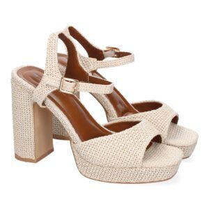 Sandalias de tacón alto beige estampado tela rejilla A-51-67