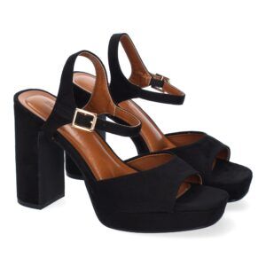 Sandalias de tacón alto negro estampado tela rejilla A-51-67