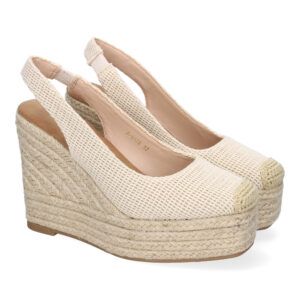 Sandalias de cuña beige mujer estampado rejilla con punta de rafia A-5179