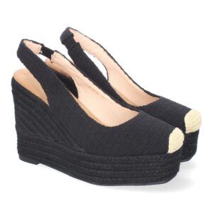 Sandalias de cuña negro mujer estampado rejilla con punta de rafia A-5179