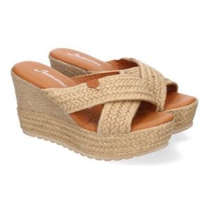 Sandalias de cuña y plataforma mujer beige pala tiras cruzadas y anchas yute F230-19