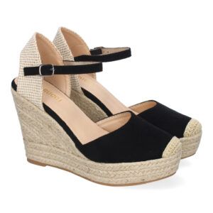 Sandalias de cuña con plataforma negras pala cerrada y punta de rafia VR5-1515
