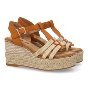 Sandalias de cuña y plataforma mujer con yute y pala tres tiras camel F230-48