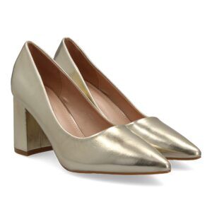 Zapatos salón mujer dorados tacón ancho