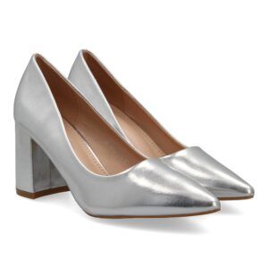 Zapatos salón mujer plateados tacón ancho