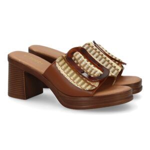 Zuecos con tacón ancho mujer aro en la pala camel VR5-1610