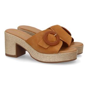 Zuecos con tacón ancho mujer yute hebilla en la pala camel VR5-1615