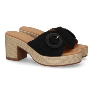 Zuecos con tacón ancho mujer yute hebilla en la pala negro VR5-1615