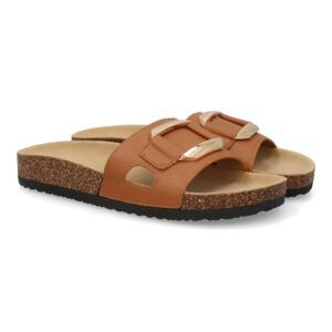 Sandalias planas mujer adorno metálico y apertura en la pala camel VR5-1756