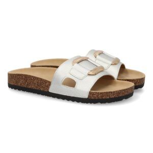Sandalias planas mujer adorno metálico y apertura en la pala plata VR5-1756