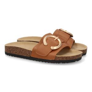Sandalias planas mujer adorno metálico en la pala camel VR5-1757