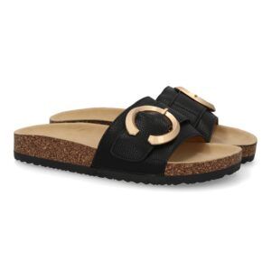 Sandalias planas mujer adorno metálico en la pala negro VR5-1757