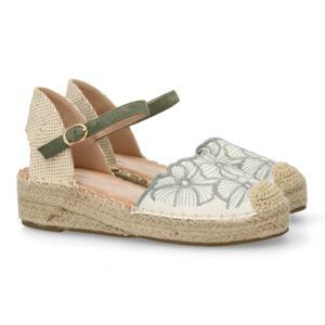 Sandalias de cuña mujer verdes pala diseño floral y punta de rafia 9996