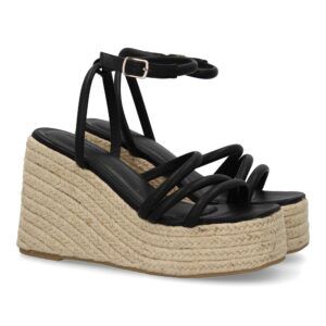 Sandalia de cuña alta y plataforma mujer tiras cruzadas negras JC-3125
