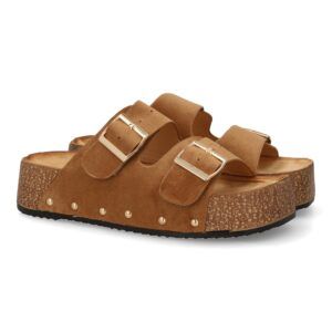 Sandalia de plataforma baja mujer color camel doble tira L-5323