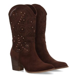Botas cowboy con tacón y troquelado floral color Café