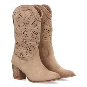 Botas cowboy con tacón y troquelado floral color Beige