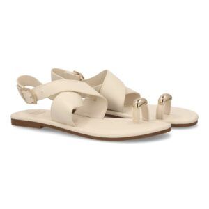 Sandalias planas elegantes mujer con adorno metálico color beige