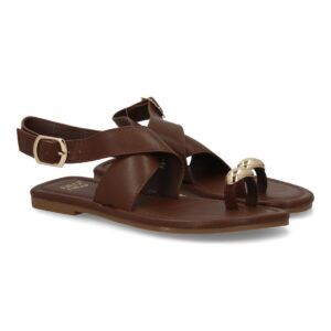 Sandalias planas elegantes mujer con adorno metálico color marrón