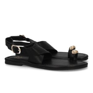 Sandalias planas elegantes mujer con adorno metálico color negro