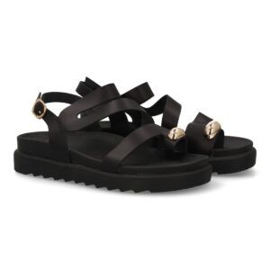 Sandalias cómodas de tiras mujer con adorno metálico color marrón