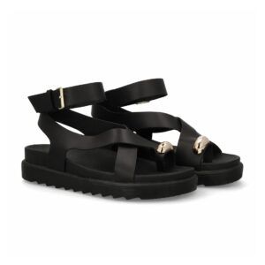 Sandalias cómodas de tiras mujer con adorno metálico color negro