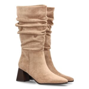 Botas fruncidas de tacón ancho para mujer color Kaki (A-6017-Kaki)