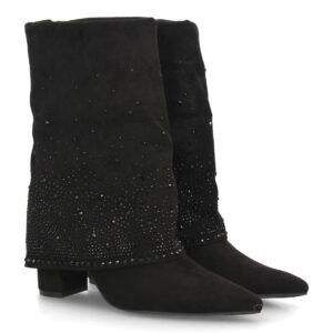 Botas con pedrería y tacón ancho para mujer - Negro