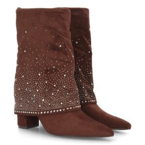 Botas con pedrería y tacón ancho para mujer - Marrón