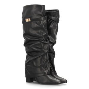Botas altas fruncidas con tacón ancho para mujer - Negro