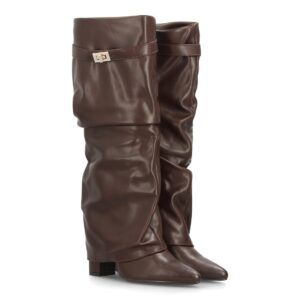 Botas altas fruncidas con tacón ancho para mujer - Marrón